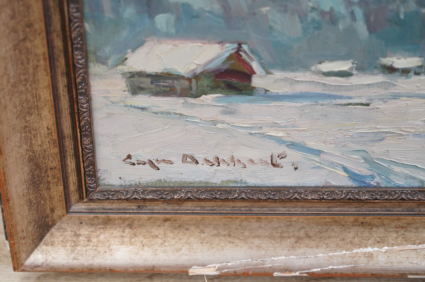 Impressionist oil on canvas, Alps scene with chalets, indistinctly signed lower left, 47 x 54cm. Condition - canvas good, frame damaged